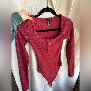 Forever 21 Women's Ribbed Scoop Neck Long Sleeve Bodysuit - Red